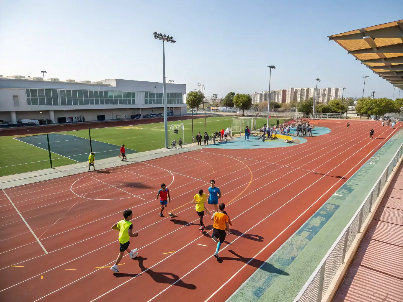 An energetic image of children and adults playing various sports on the club's fields and courts, showcasing the diversity of activities offered by Union Sportive Genlis.