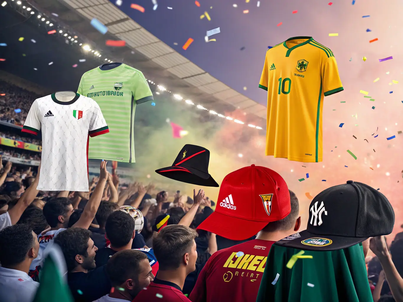 A display of USG branded merchandise including jerseys, caps, and scarves available for purchase online, highlighting the club's online store.