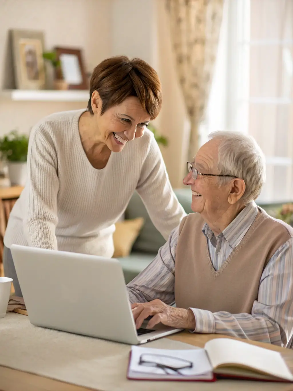 A volunteer assisting a senior citizen with navigating social services, highlighting the organization's commitment to improving access to essential resources.