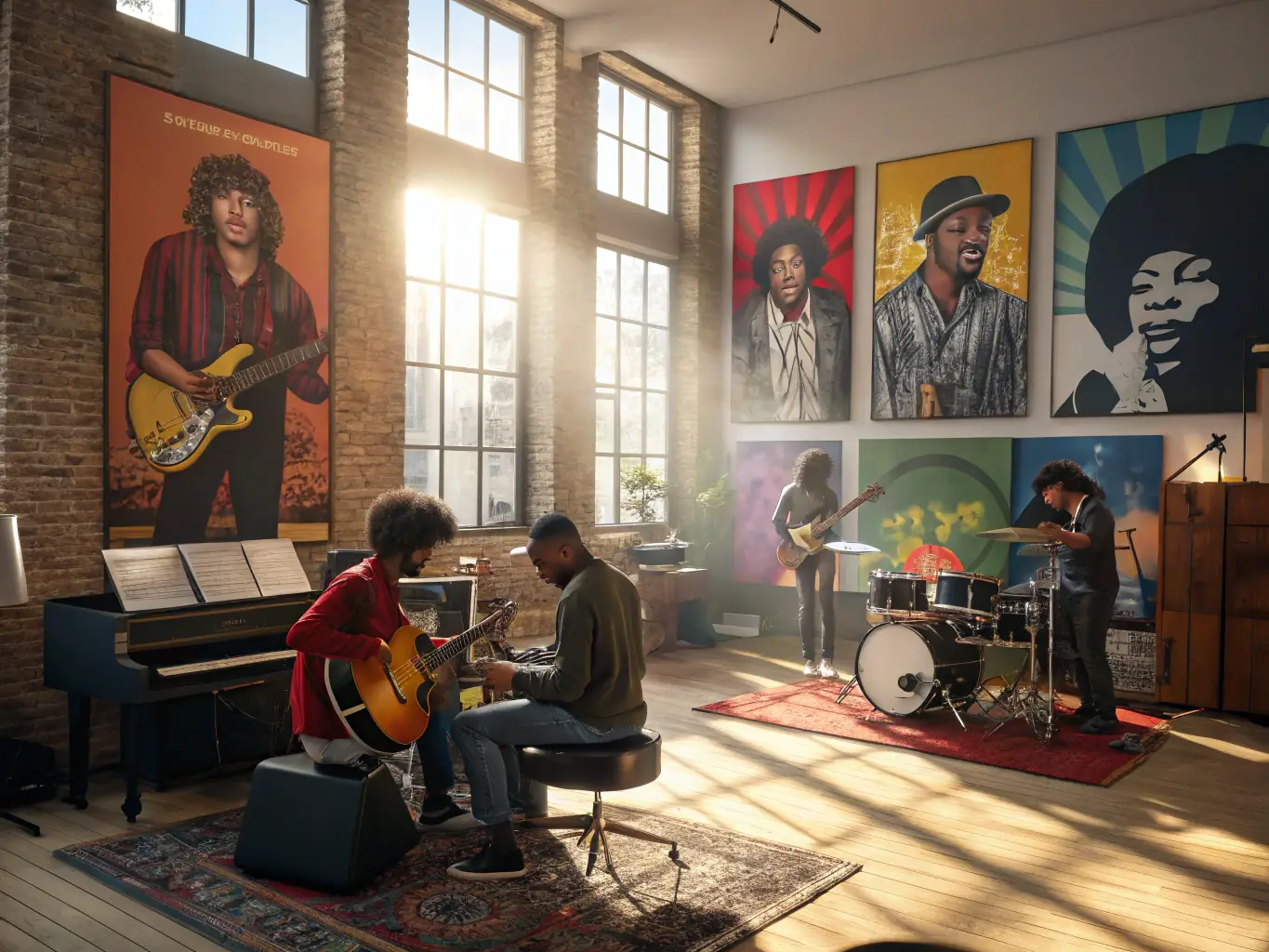 A modern music workshop setting with musicians collaborating and learning, emphasizing the artistic support and development provided by TORTORE ET DECIBELS.