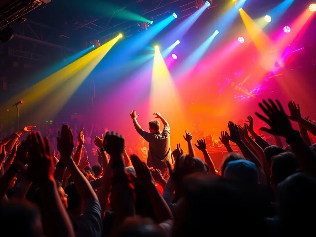 A photograph of a live music event organized by TORTORE ET DECIBELS, capturing the energy and excitement of a performance, and showcasing the organization's commitment to providing fair performance conditions.