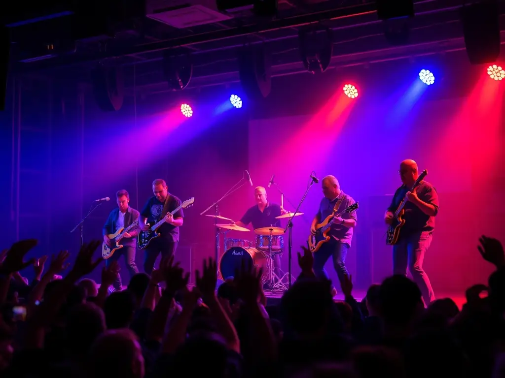 A vibrant photograph capturing the energy of a past TORTORE ET DECIBELS event, featuring a live band performing on stage with a cheering crowd in the background. The lighting is dynamic, highlighting the performers and the audience's excitement.