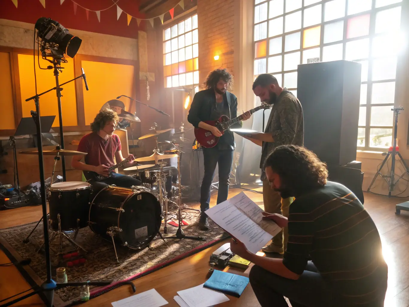A vibrant image depicting a group of musicians collaborating in a rehearsal space, surrounded by instruments and sheet music, showcasing the collaborative and supportive environment fostered by TORTORE ET DECIBELS.