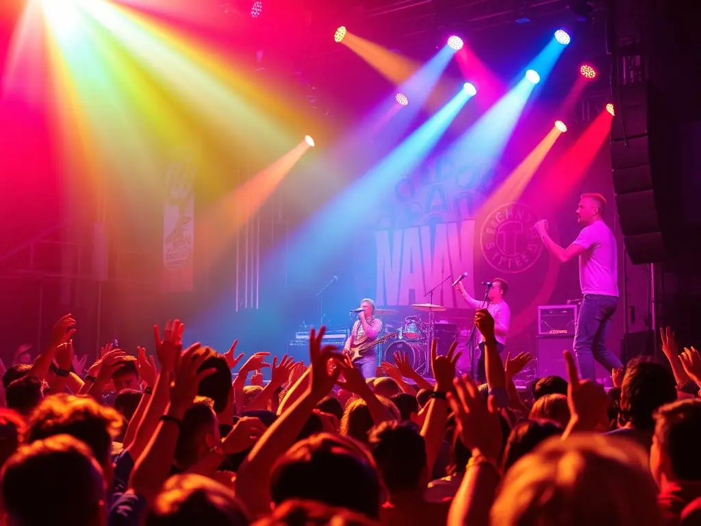 A vibrant concert scene with a band performing on stage, captured from the audience's perspective, showcasing the energy and excitement of a live music event organized by TORTORE ET DECIBELS.