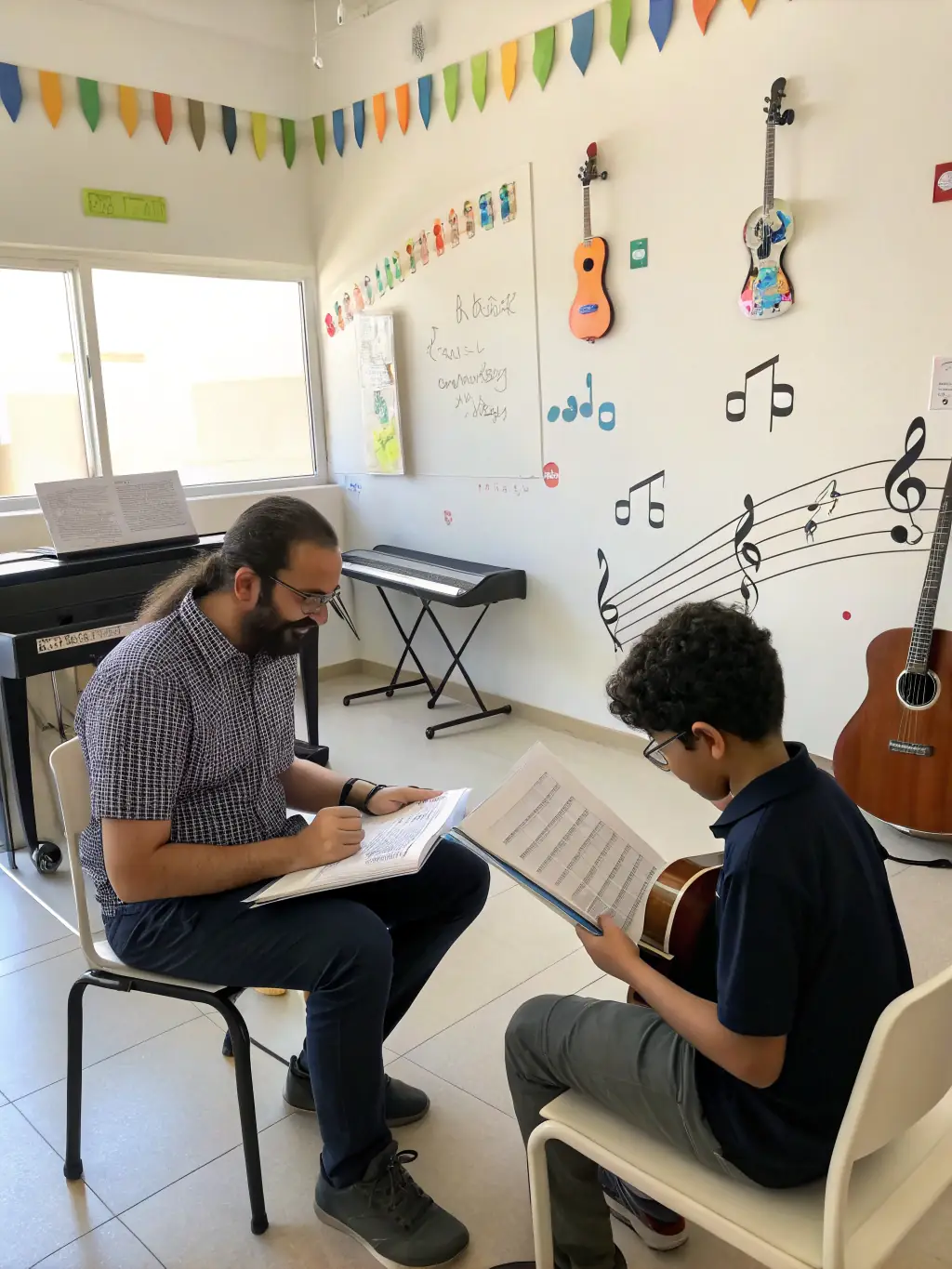 An image of a mentor providing guidance to a young musician during an administrative support session, emphasizing the personalized support offered by TORTORE ET DECIBELS.